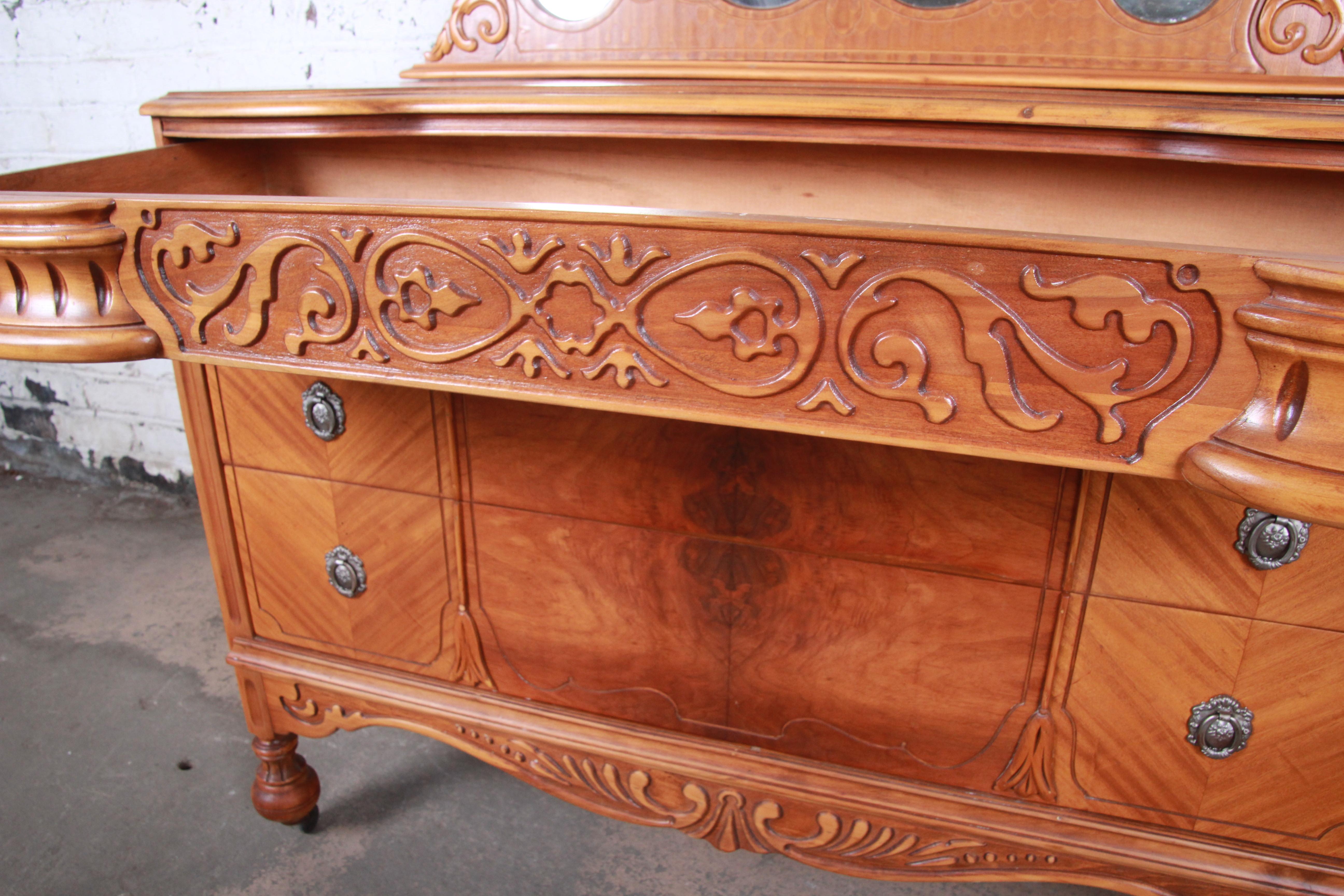 American Art Deco Carved Walnut and Burl Wood Dresser with Mirror, 1930s