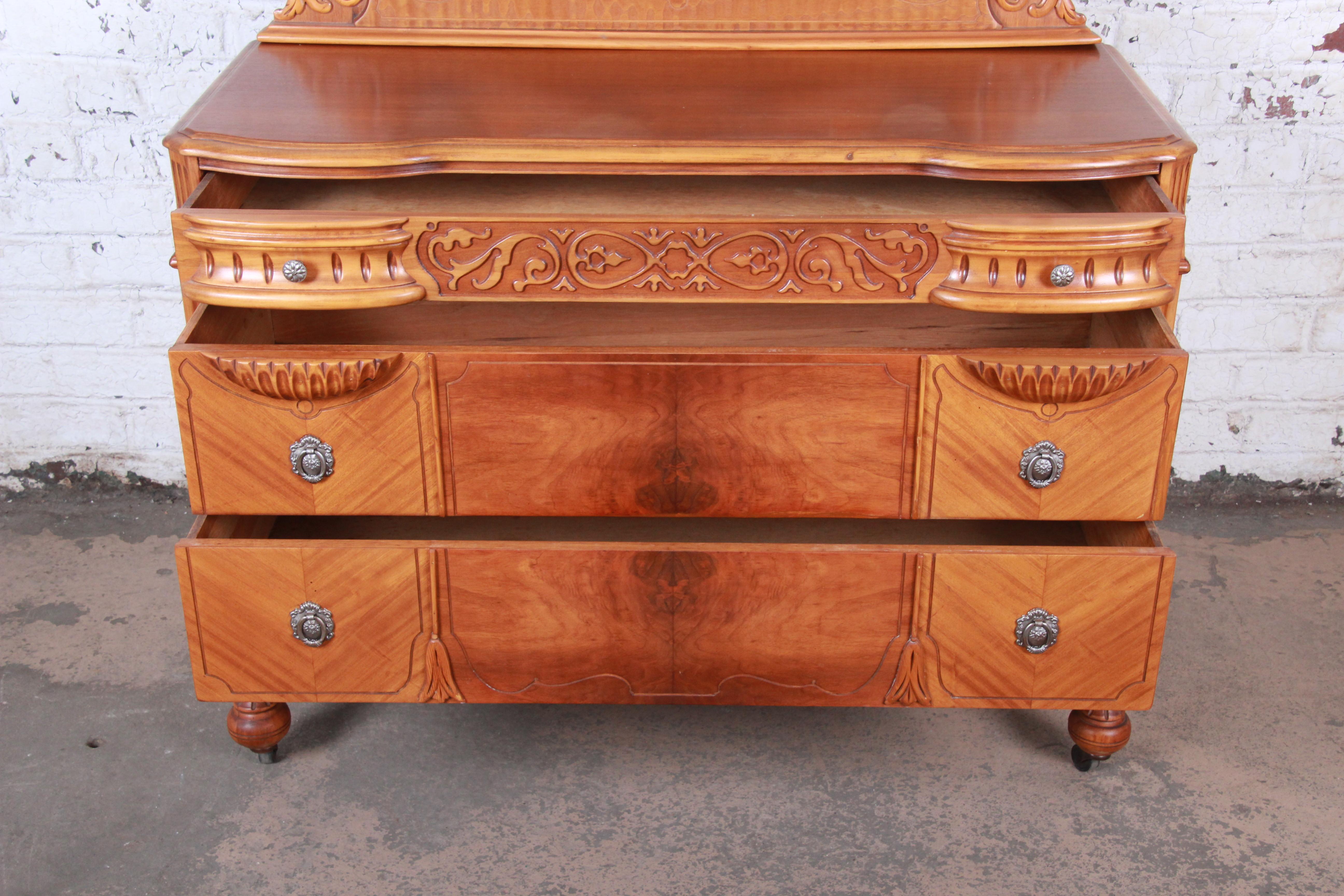 Art Deco Carved Walnut and Burl Wood Dresser with Mirror, 1930s In Good Condition In South Bend, IN