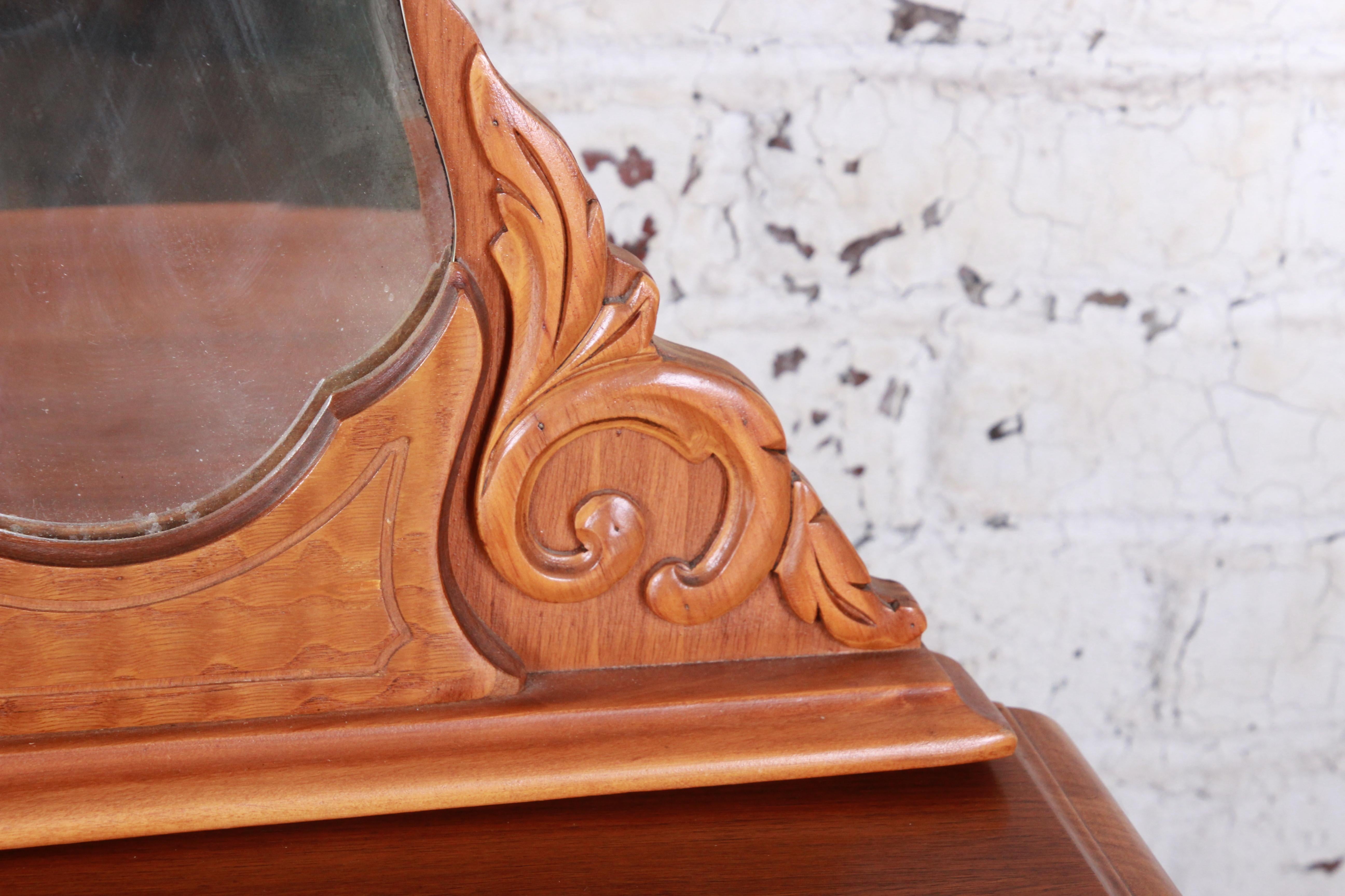 Art Deco Carved Walnut and Burl Wood Dresser with Mirror, 1930s 1