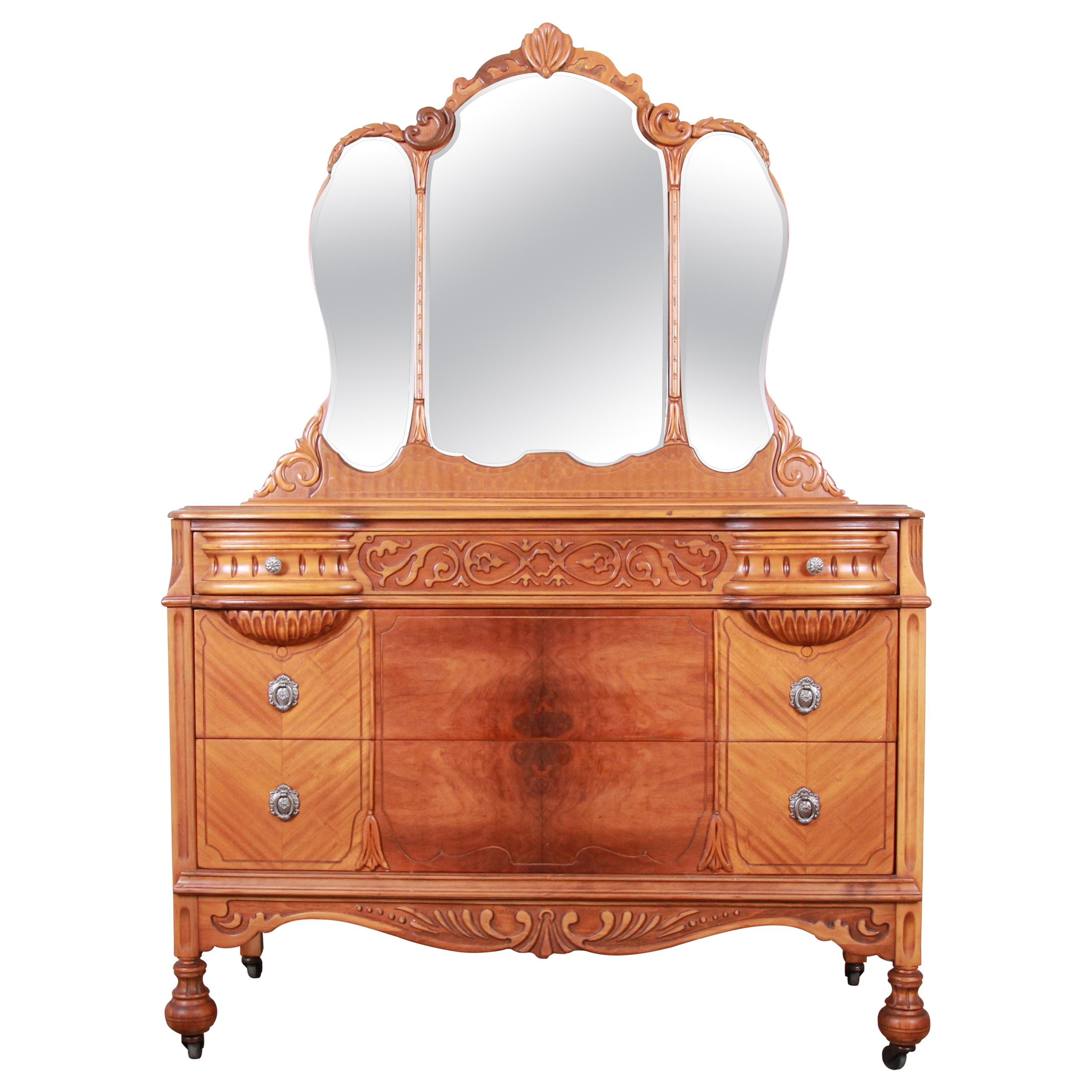 Art Deco Carved Walnut and Burl Wood Dresser with Mirror, 1930s