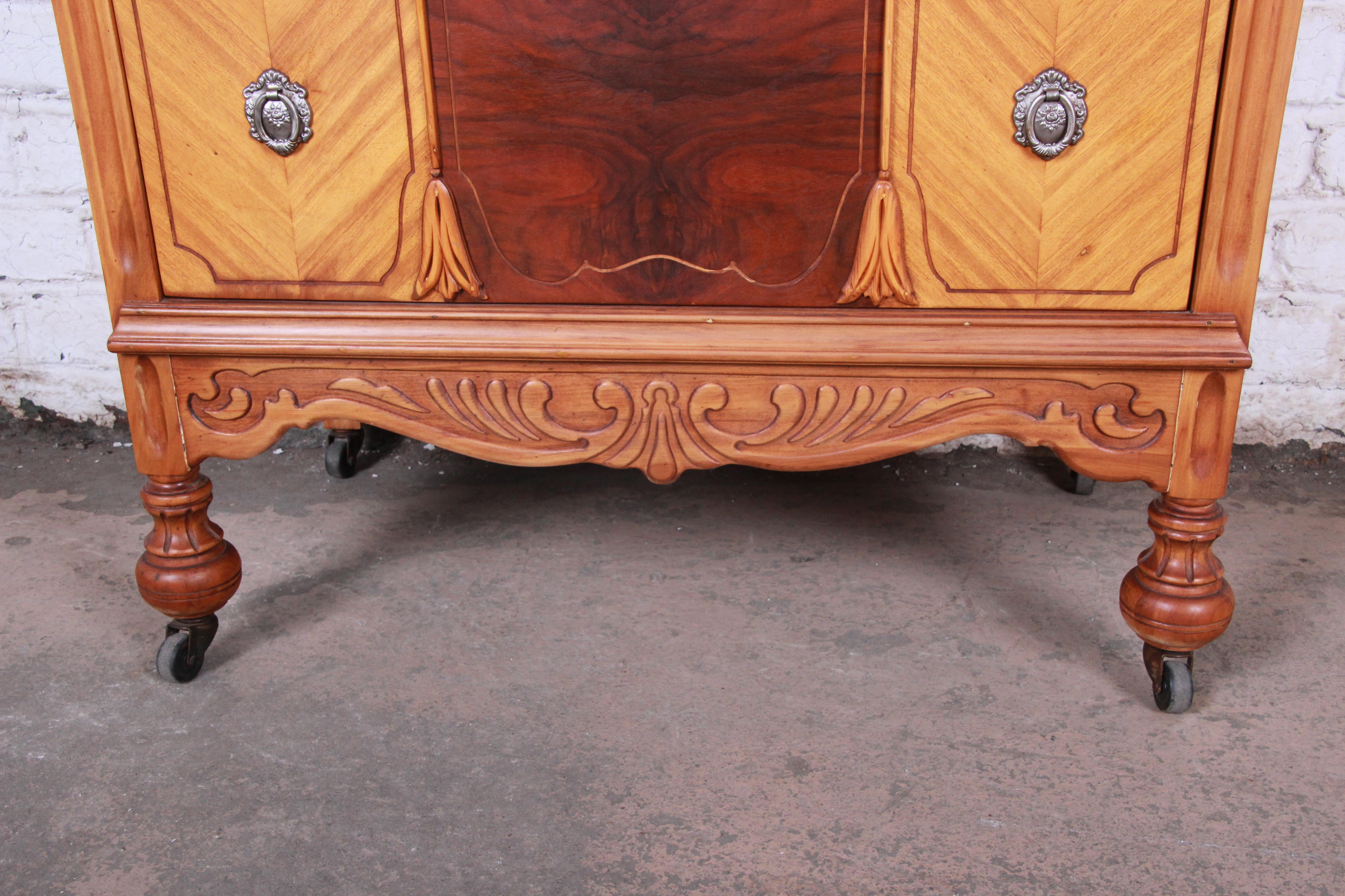 Art Deco Carved Walnut and Burl Wood Highboy Dresser, 1930s 9