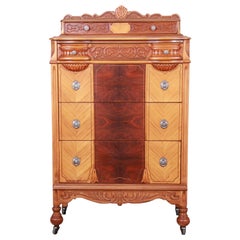 Art Deco Carved Walnut and Burl Wood Highboy Dresser, 1930s