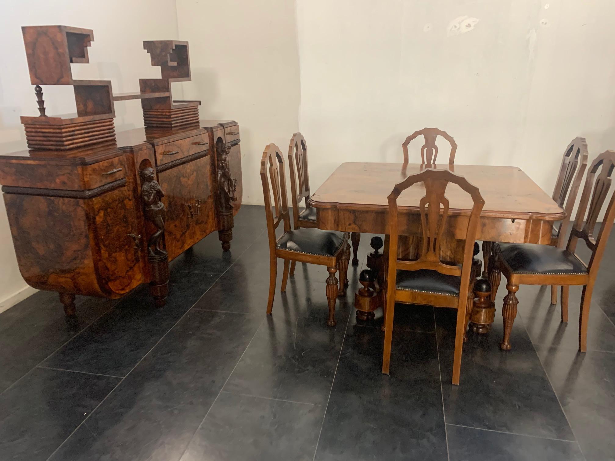 Art Deco Carved Walnut Dining Chairs, 1930s, Set of 6 For Sale 1