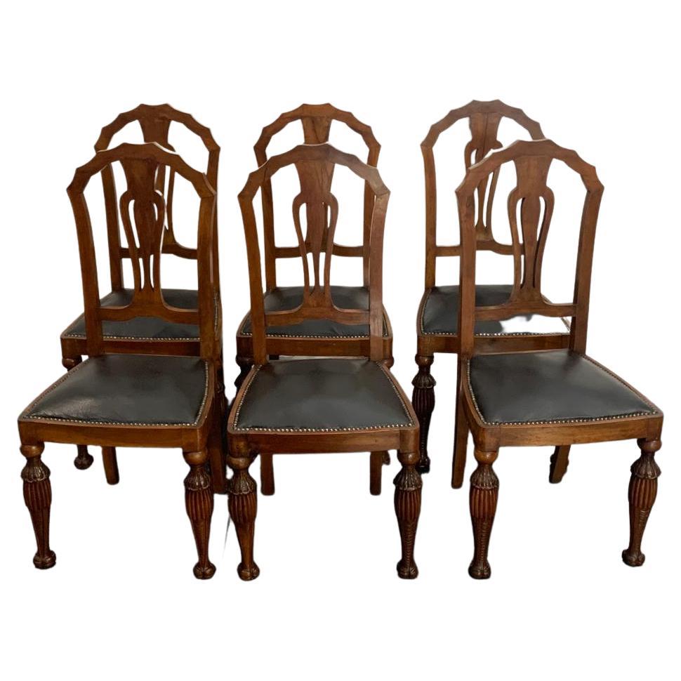 Art Deco Carved Walnut Dining Chairs, 1930s, Set of 6
