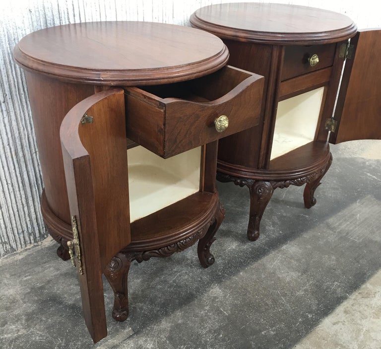 Art Deco Carved Walnut Round Nightstands, a Pair at 1stDibs