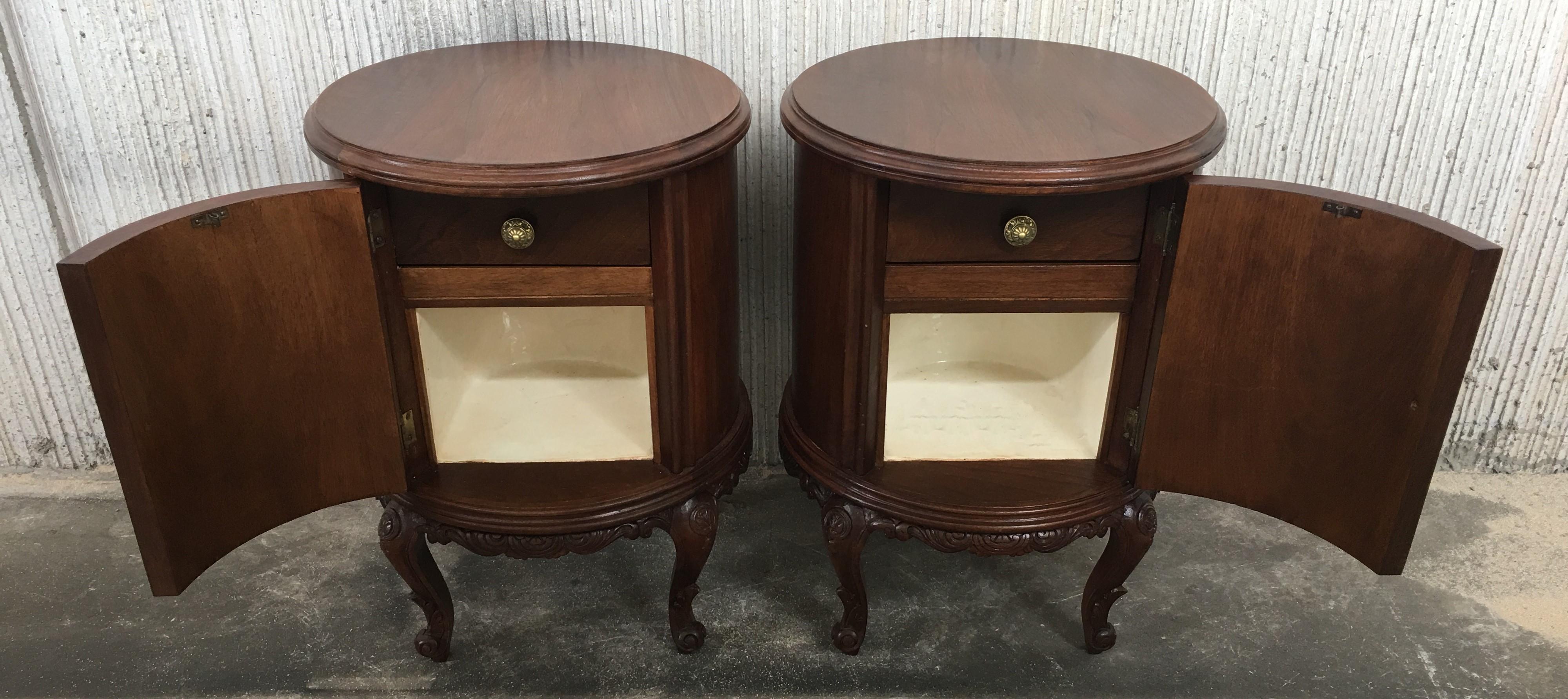 Inlay Art Deco Carved Walnut Round Nightstands, a Pair