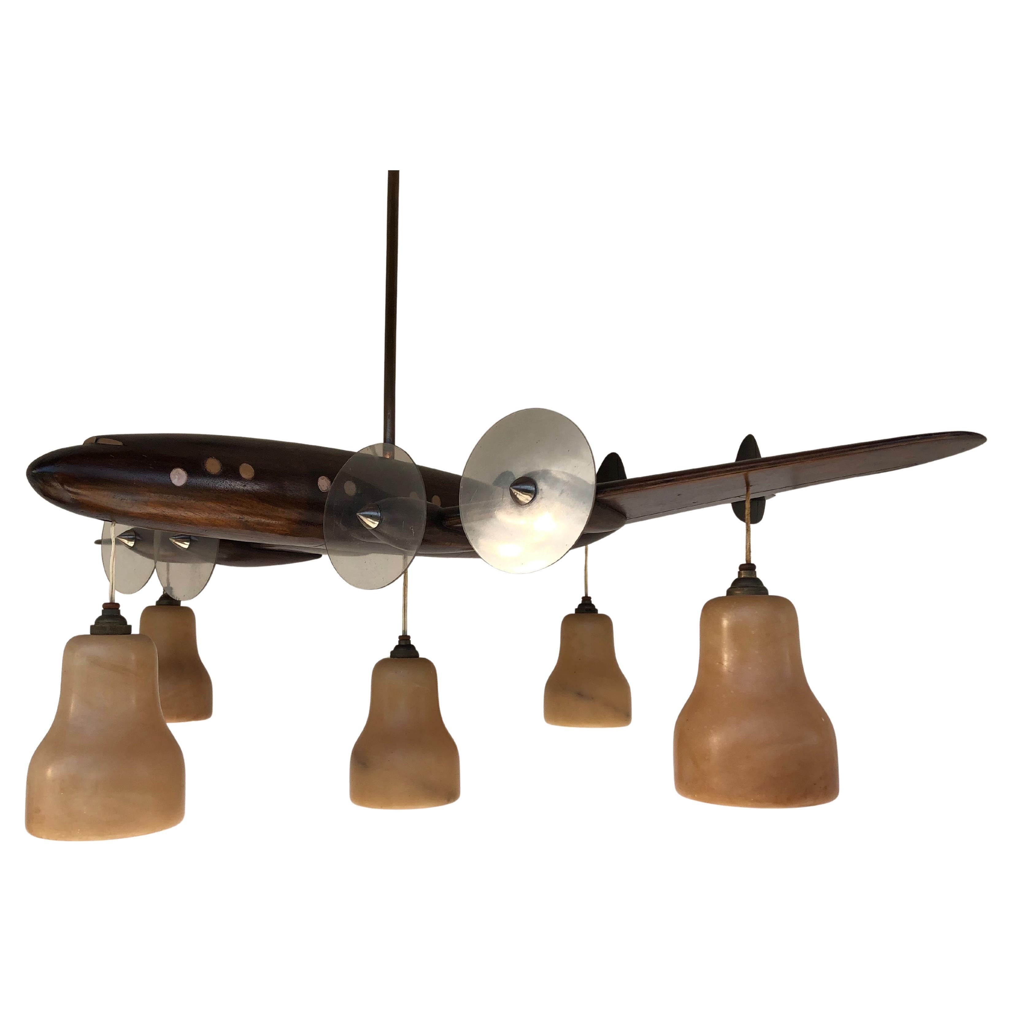 Art Deco Carved Wood Airplane Chandelier 5 Lights