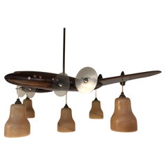 Art Deco Carved Wood Airplane Chandelier 5 Lights