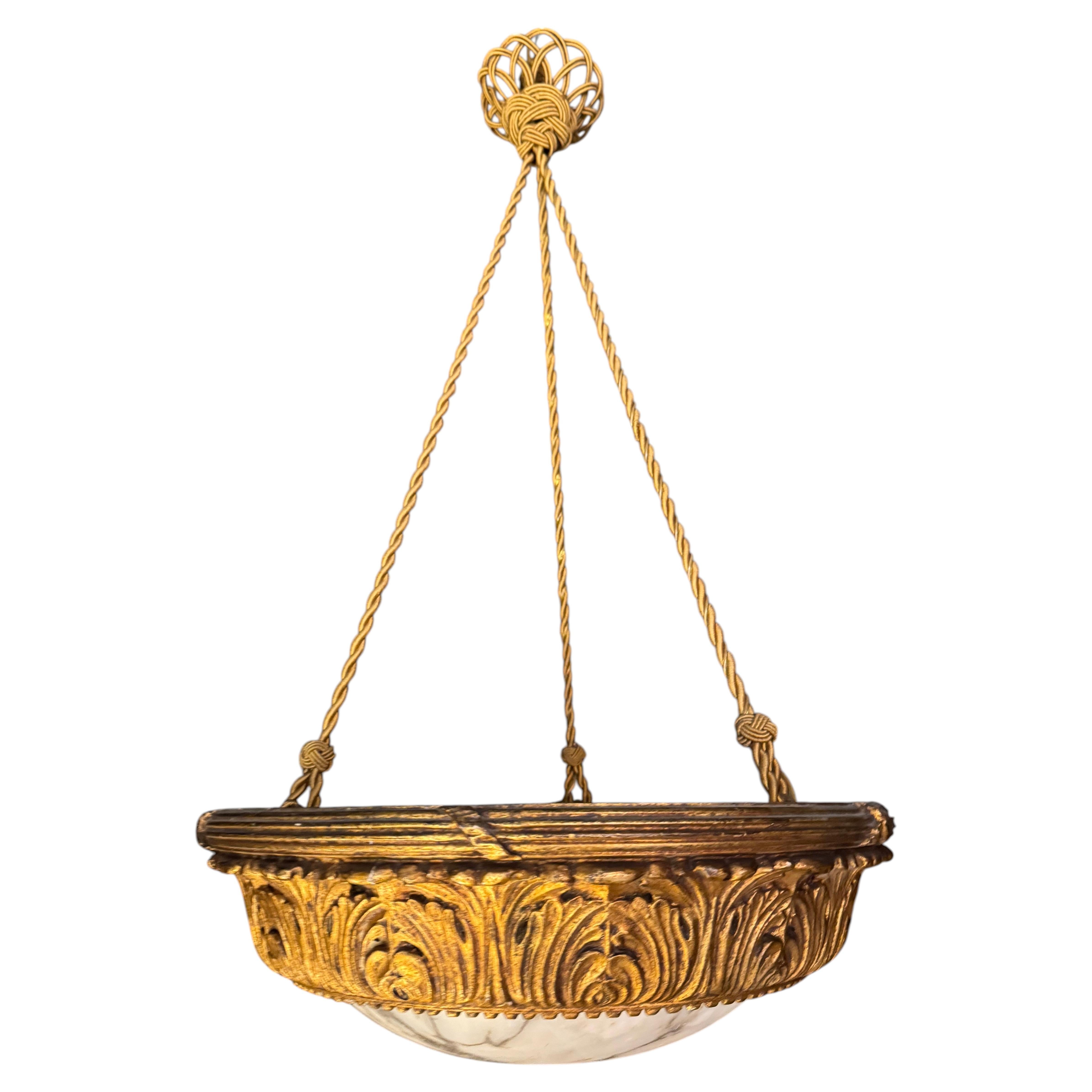 Art Deco Carved Wood and Alabaster Chandelier