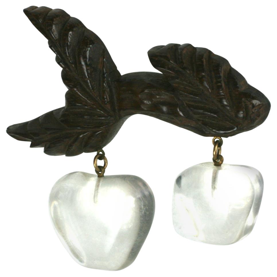 Art Deco Carved Wood and Lucite Apple Brooch For Sale