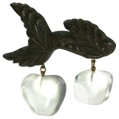Art Deco Carved Wood and Lucite Apple Brooch