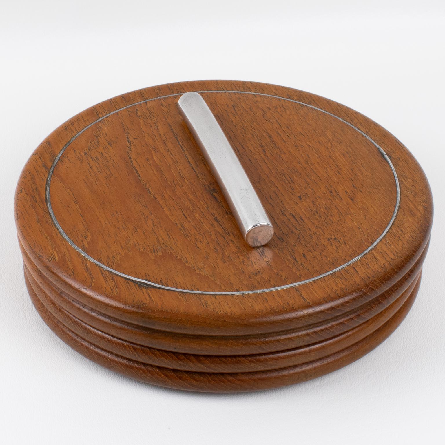 French Art Deco Carved Wood Box with Metal Accent, France circa 1930 For Sale