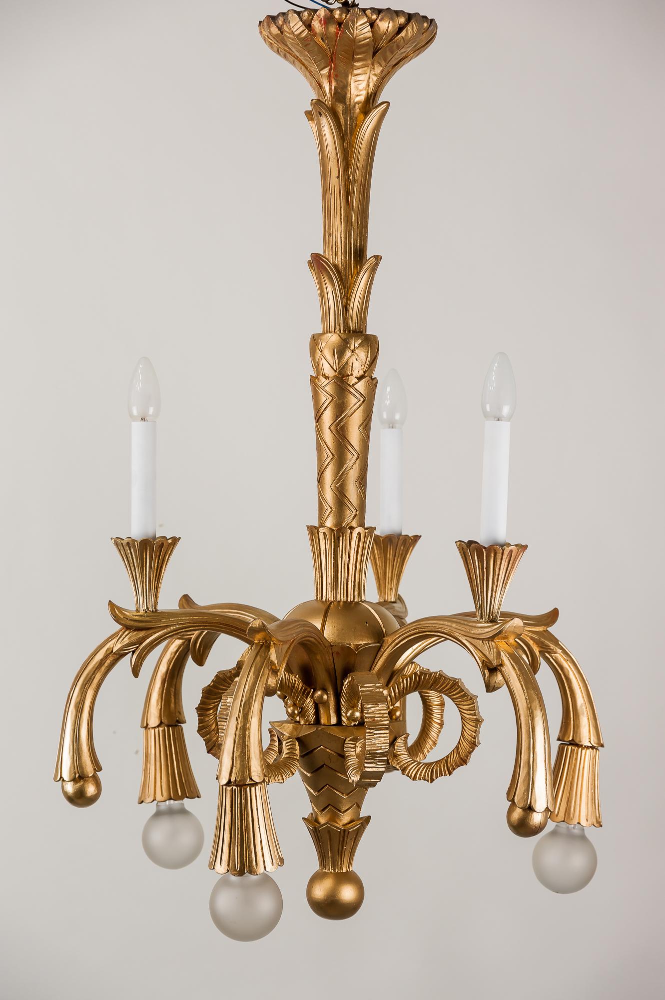 Mid-20th Century Art Deco Carved Wood Chandelier, 1930s For Sale