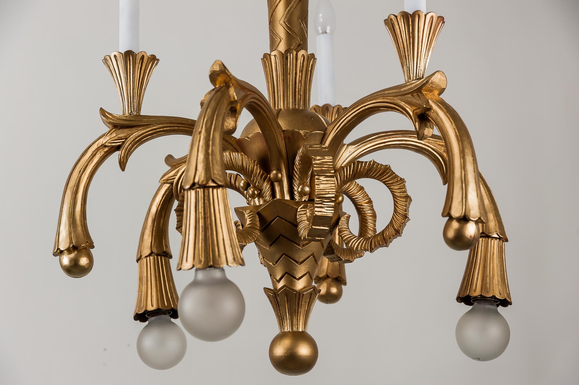 Art Deco Carved Wood Chandelier, 1930s For Sale 1