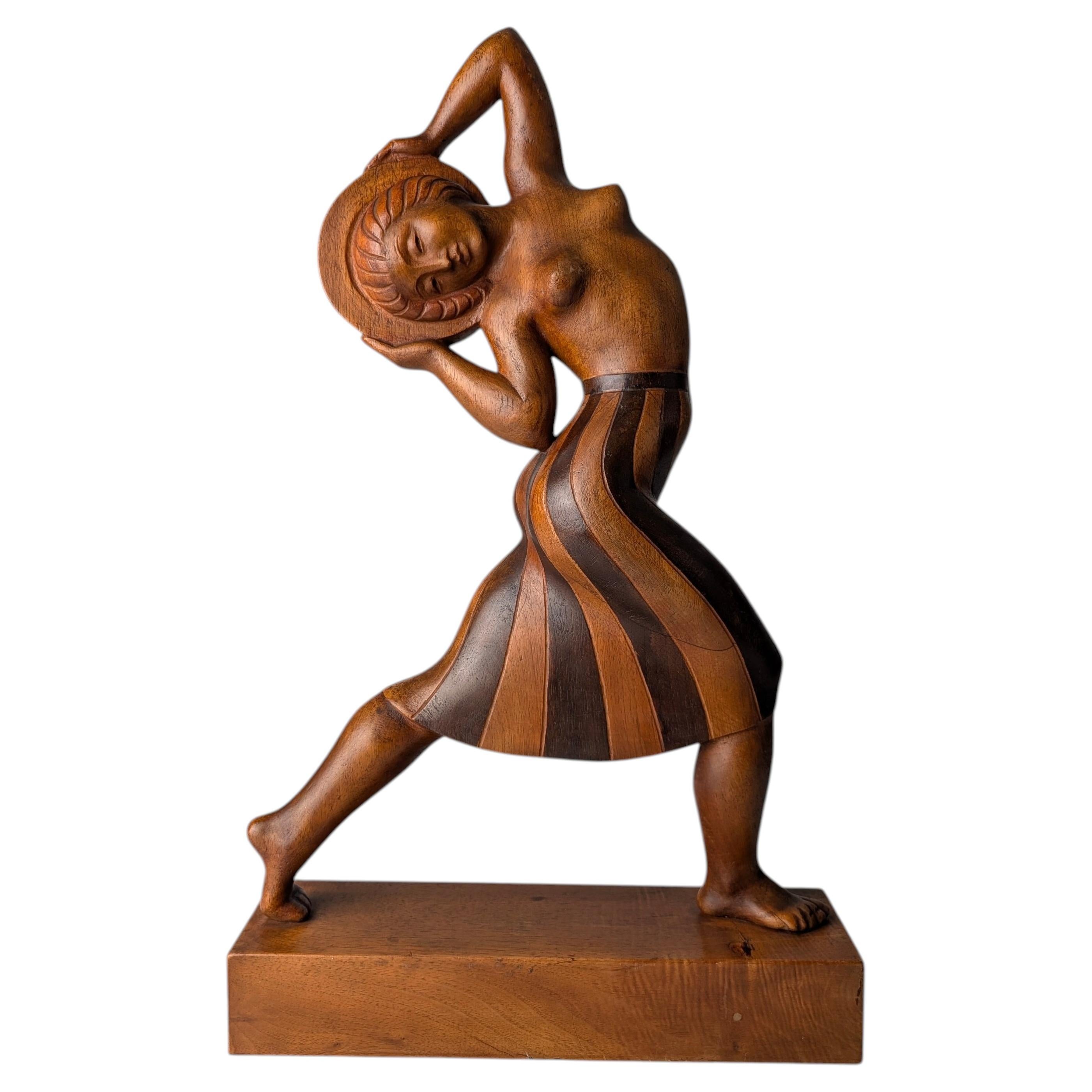 Art Deco Carved Wood Sculpture by Jens Jacob Bregnø, Denmark, 1920s, Signed For Sale