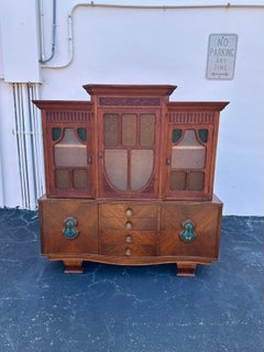 Art Deco Carved Wood Stained Yellow Green Glass Mini Sideboard Hutch