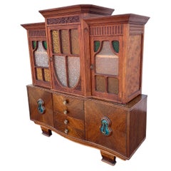 Art Deco Carved Wood Stained Yellow Green Glass Mini Sideboard Hutch
