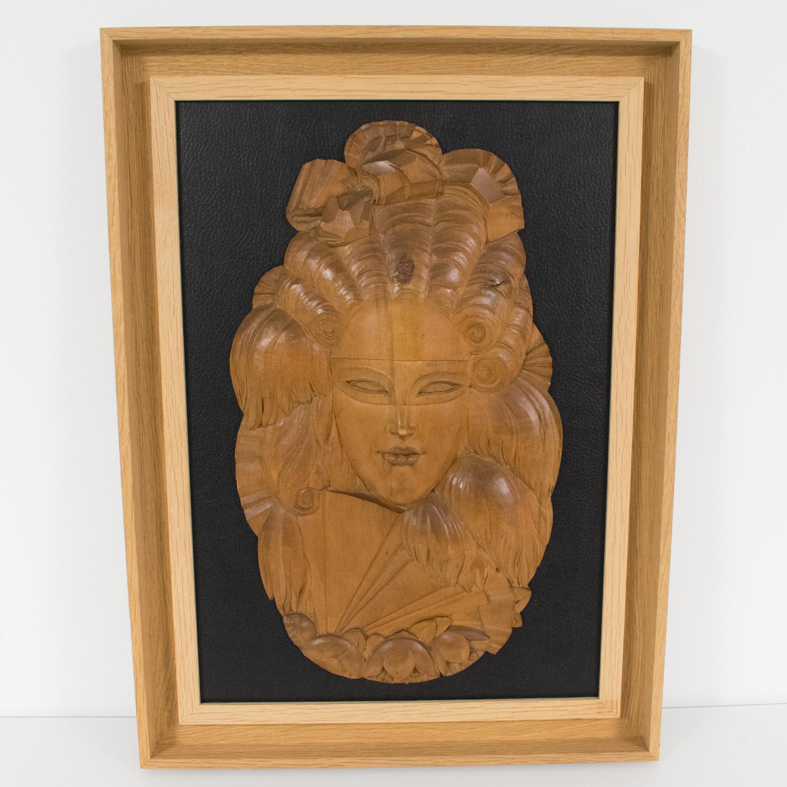 Carved Wood Venetian Mask Portrait Wall Panel Sculpture, circa 1930 For Sale 4