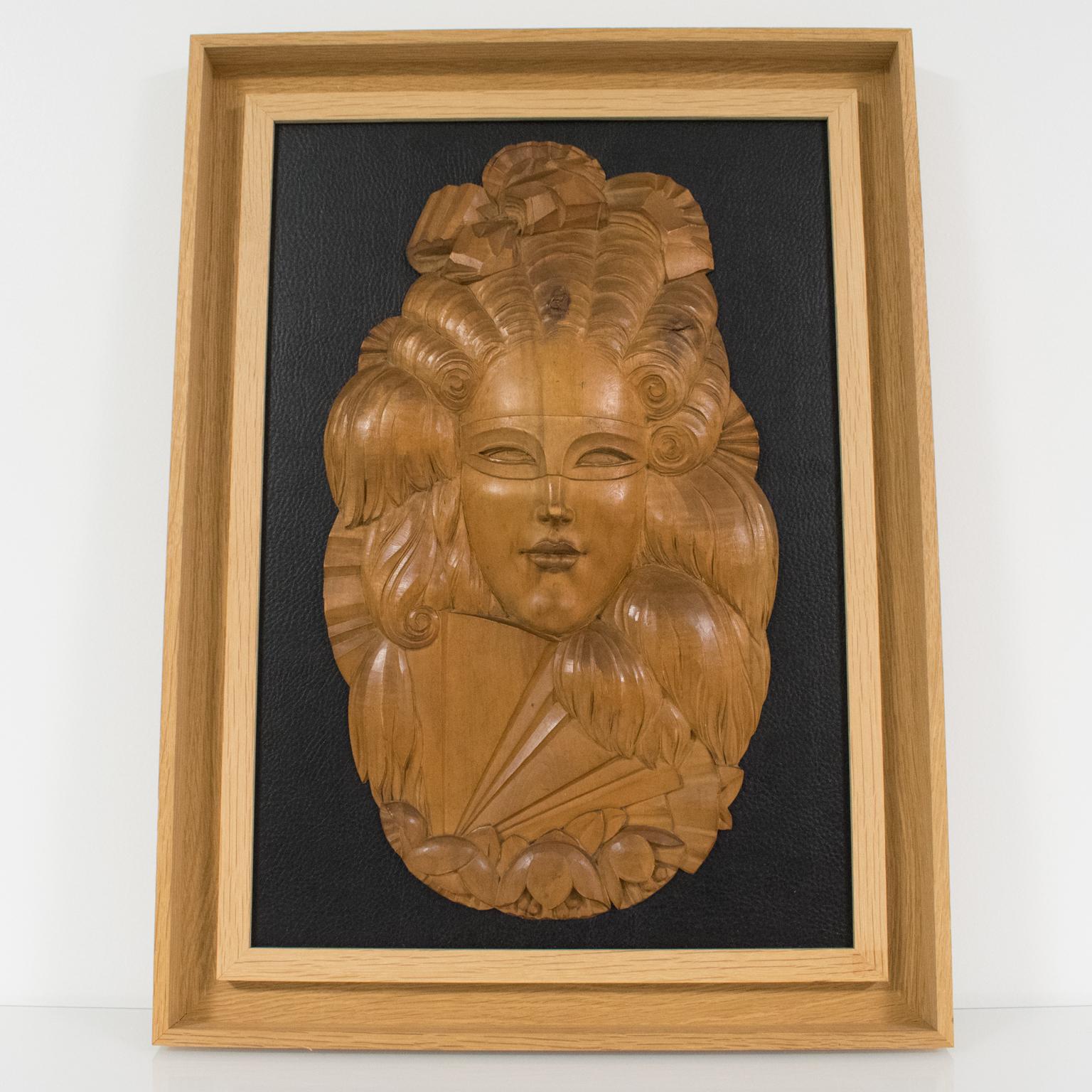 Carved Wood Venetian Mask Portrait Wall Panel Sculpture, circa 1930 For Sale 5