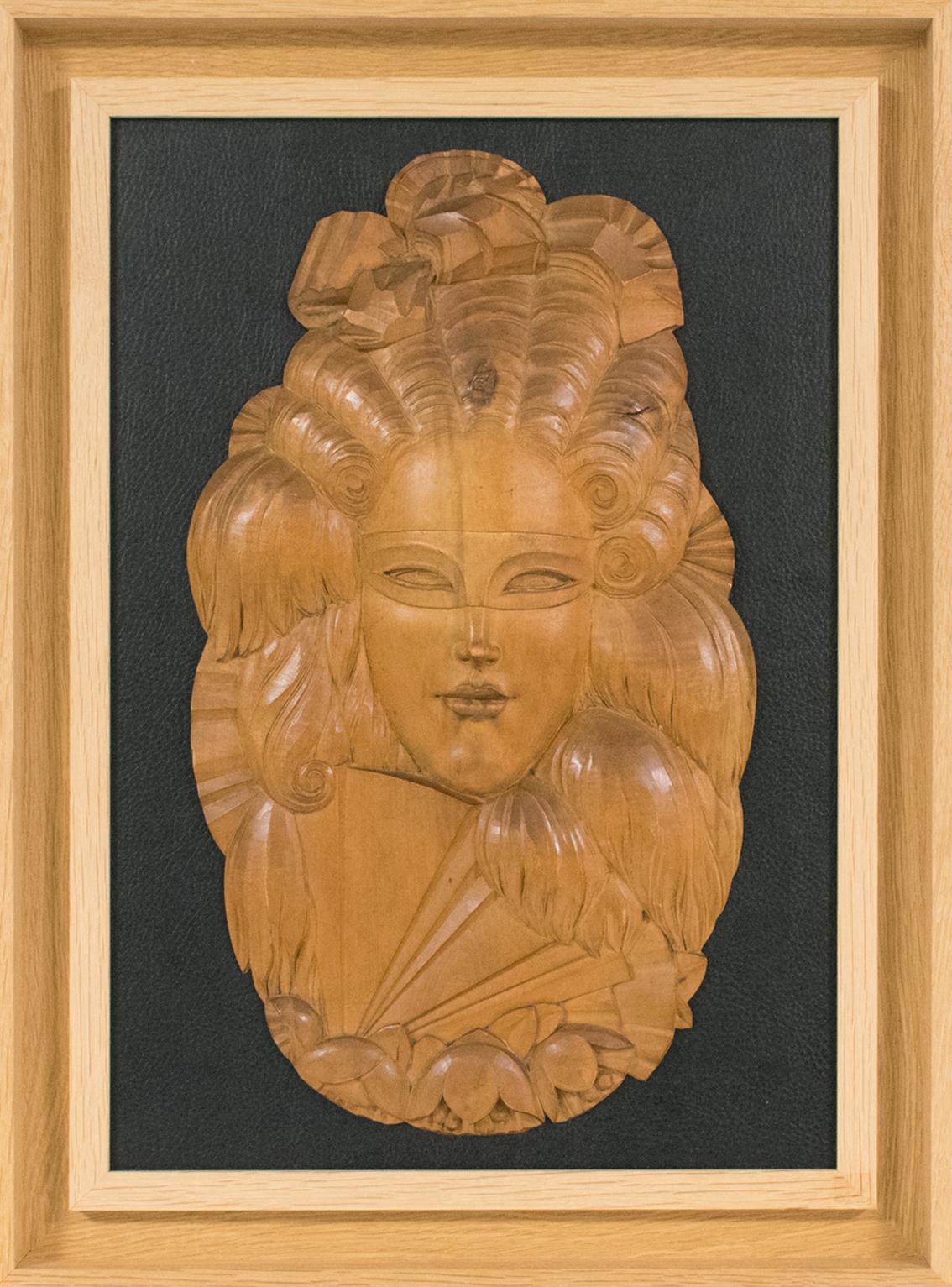 Carved Wood Venetian Mask Portrait Wall Panel Sculpture, circa 1930 For Sale 8