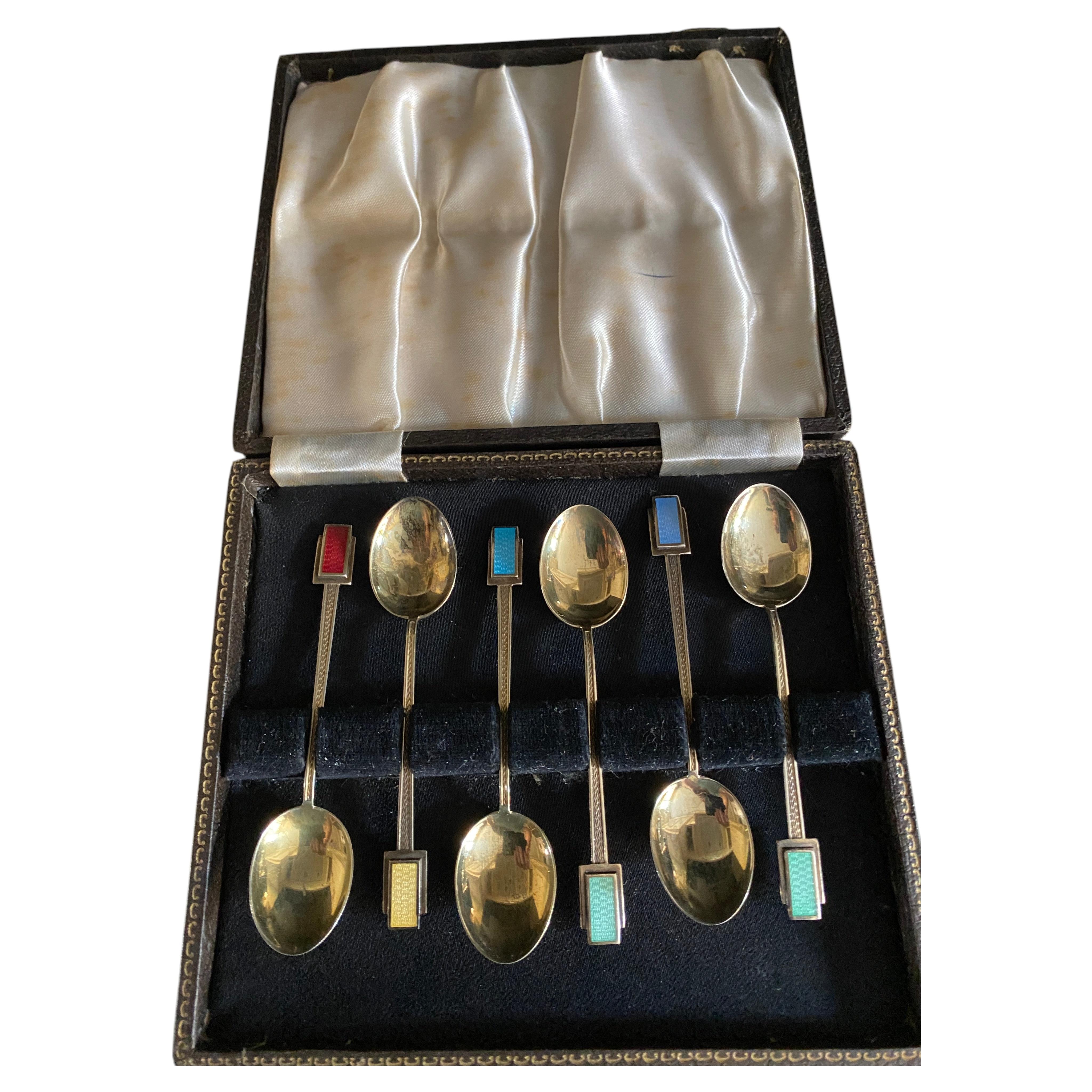 Pre-owned 1stdibs Art Deco Cased Set 6 Silver Gilt & Enamel Spoons In Black