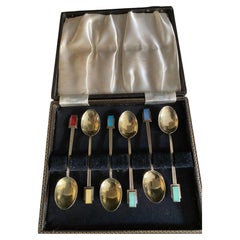 Art Deco Cased set 6 Silver gilt & Enamel Spoons