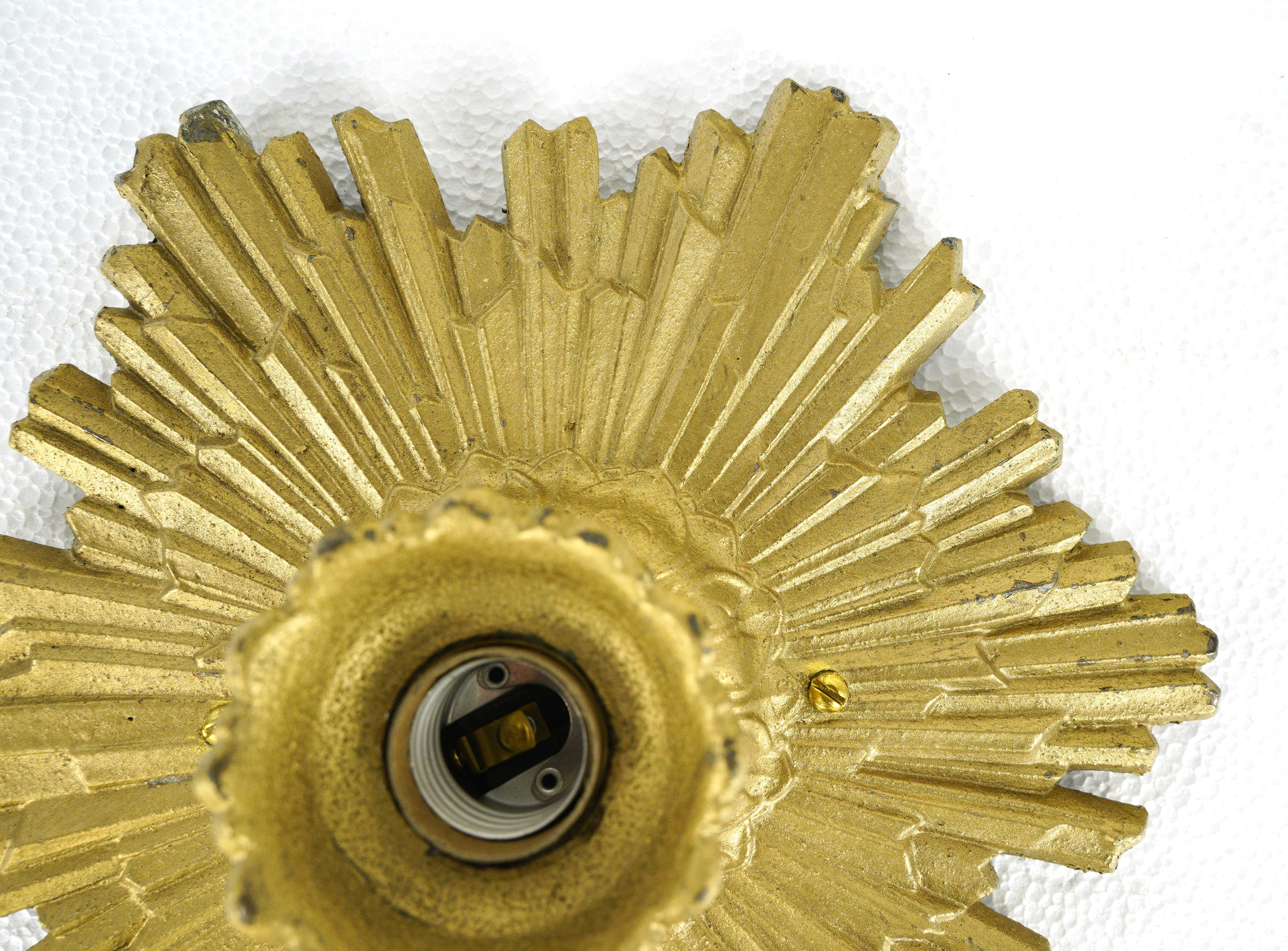 American Art Deco Cast Aluminum Gold Exposed Bulb Flush Mount Light For Sale