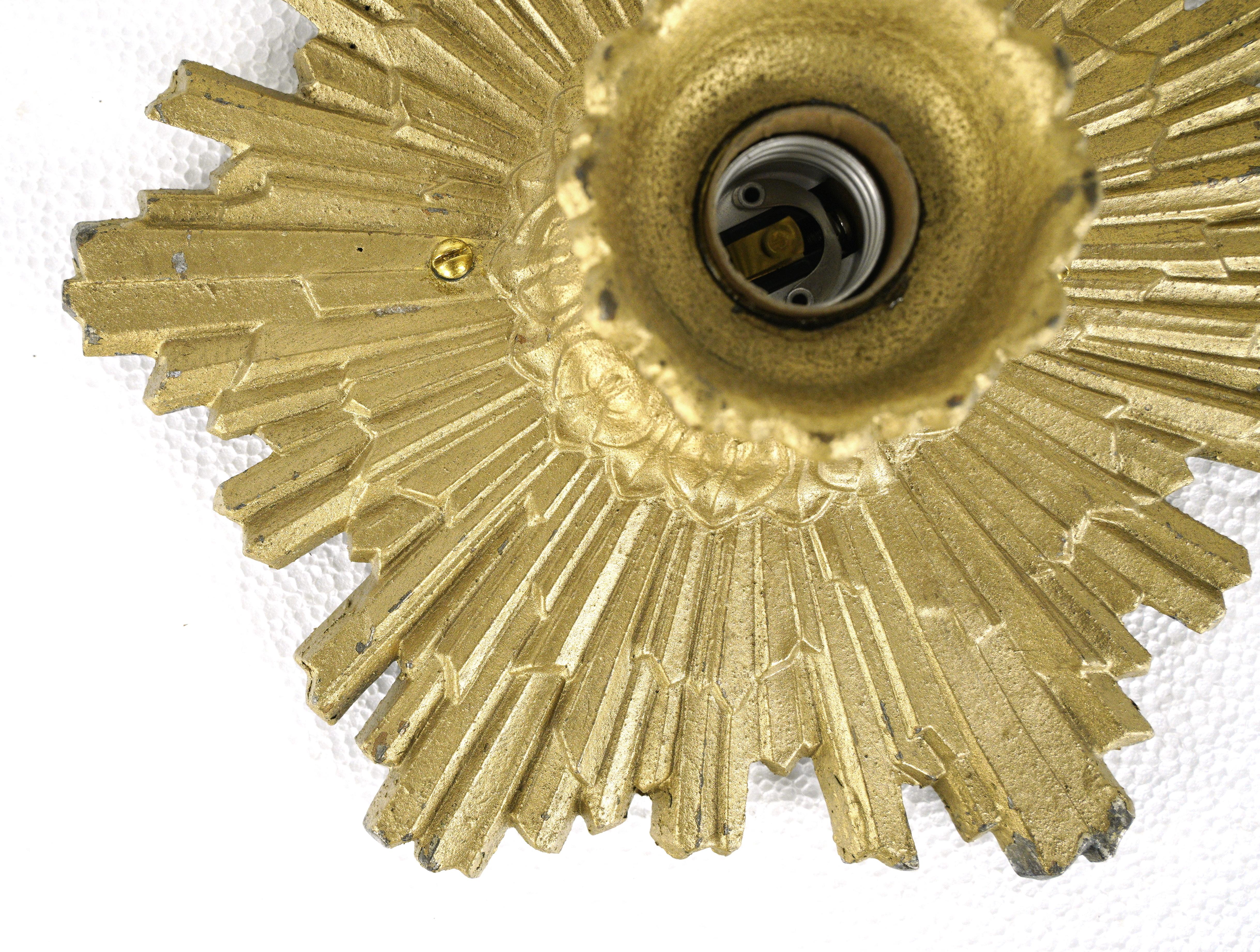 20th Century Art Deco Cast Aluminum Gold Exposed Bulb Flush Mount Light For Sale