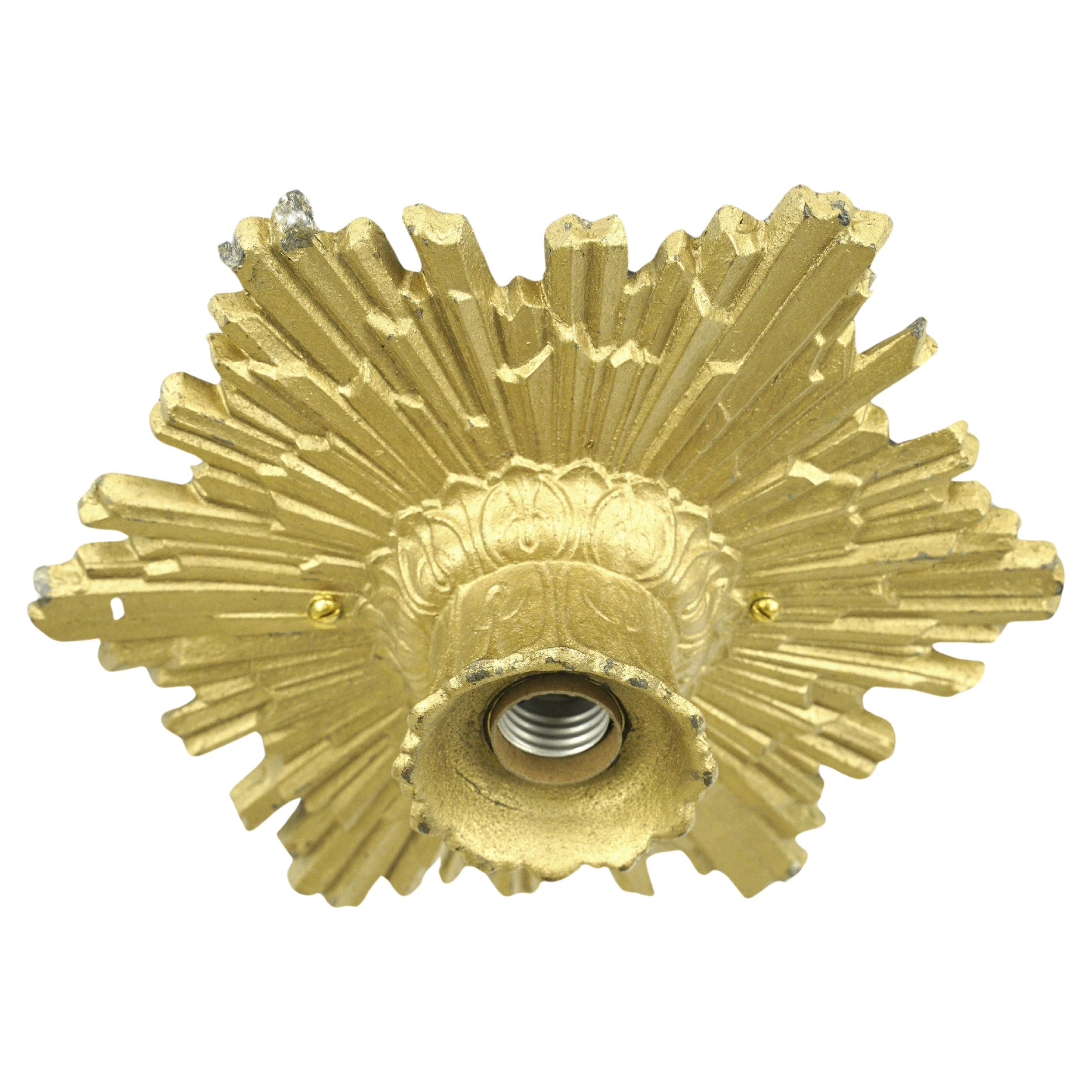 Art Deco Cast Aluminum Gold Exposed Bulb Flush Mount Light For Sale