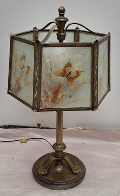Art Deco Cast Bronze 4-Socket Table Lamp w/ Glass Taxidermy Butterfly Lamp Shade