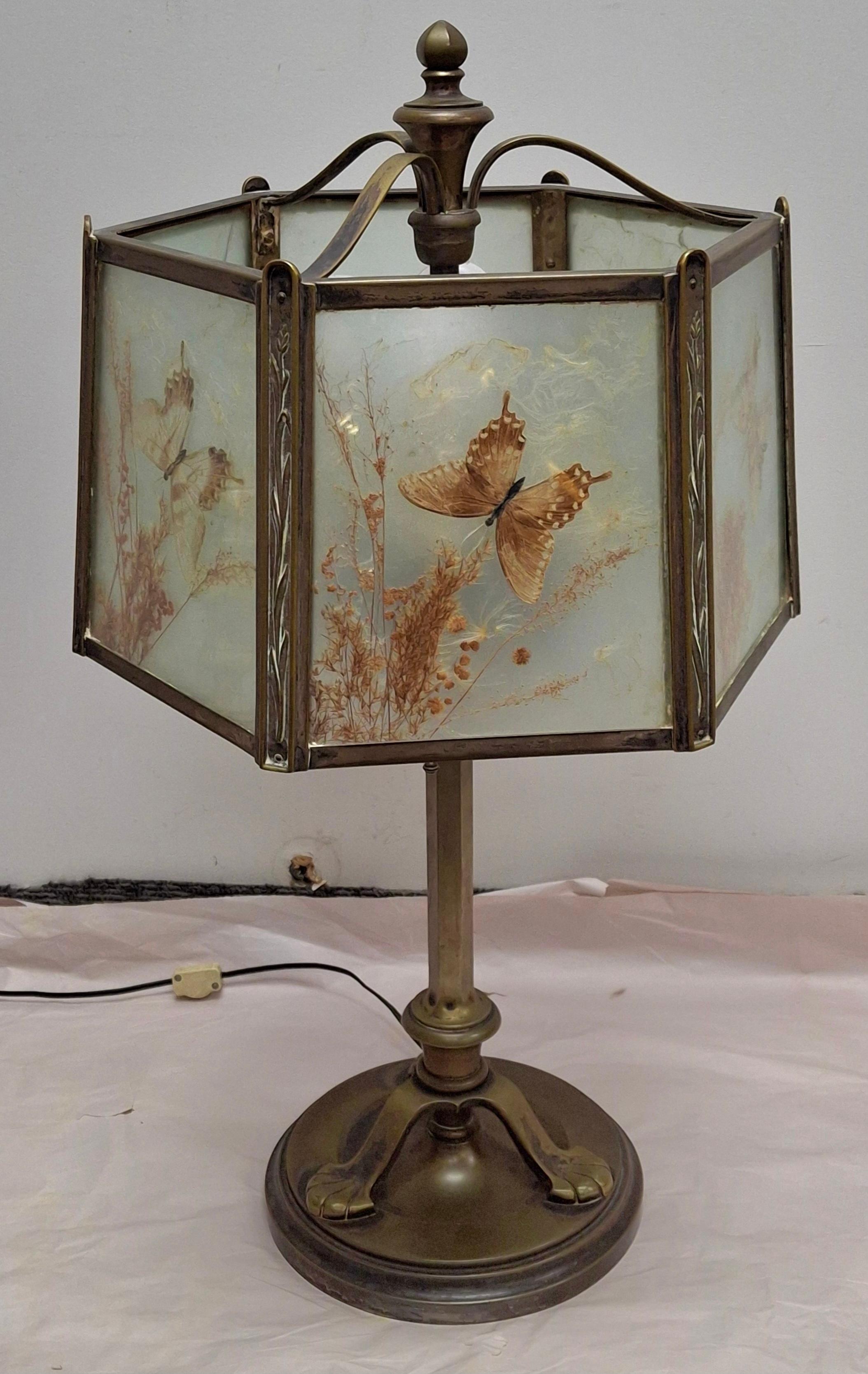 Unknown Art Deco Cast Bronze 4-Socket Table Lamp w/ Glass Taxidermy Butterfly Lamp Shade For Sale