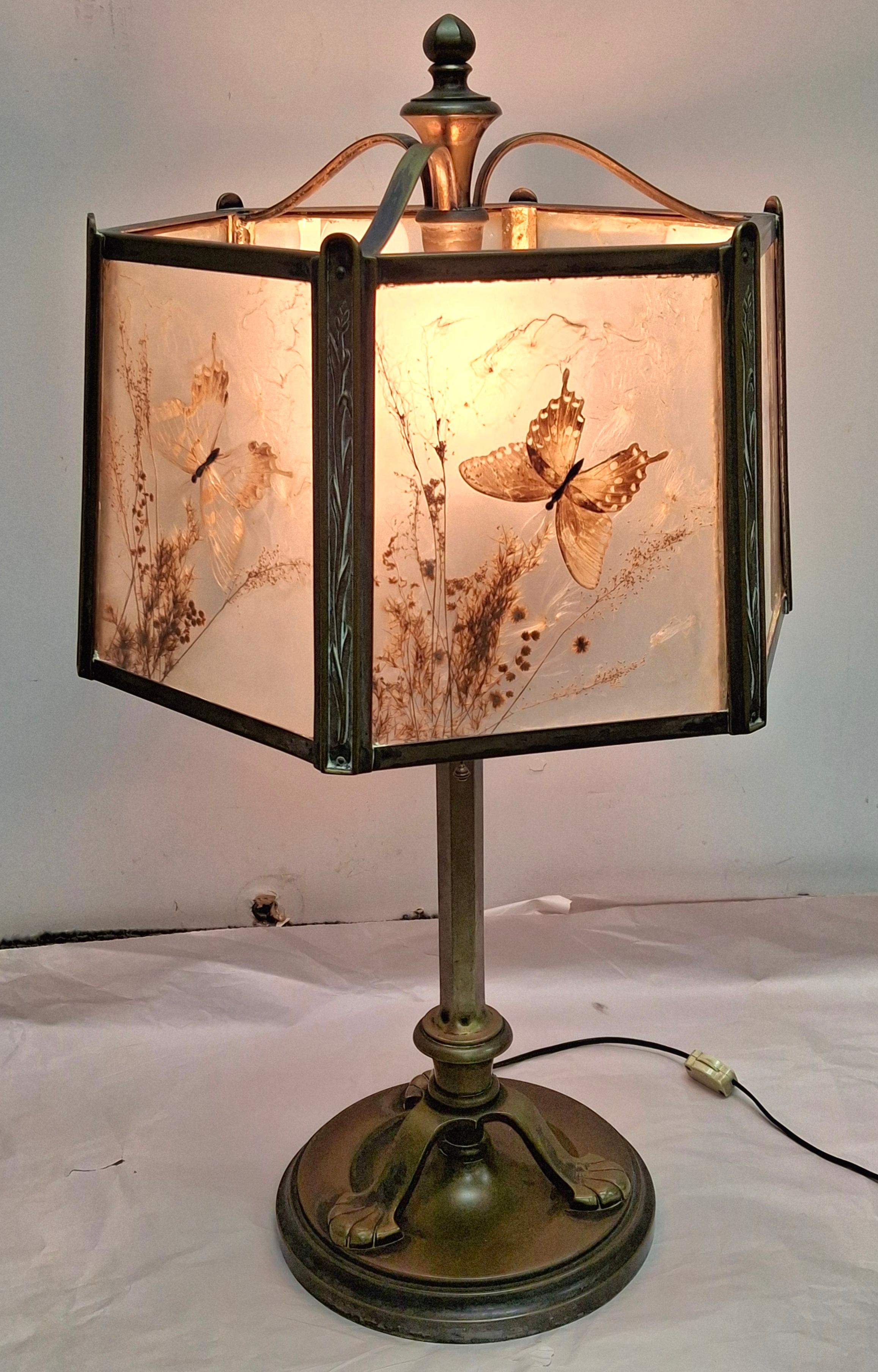 Metalwork Art Deco Cast Bronze 4-Socket Table Lamp w/ Glass Taxidermy Butterfly Lamp Shade For Sale