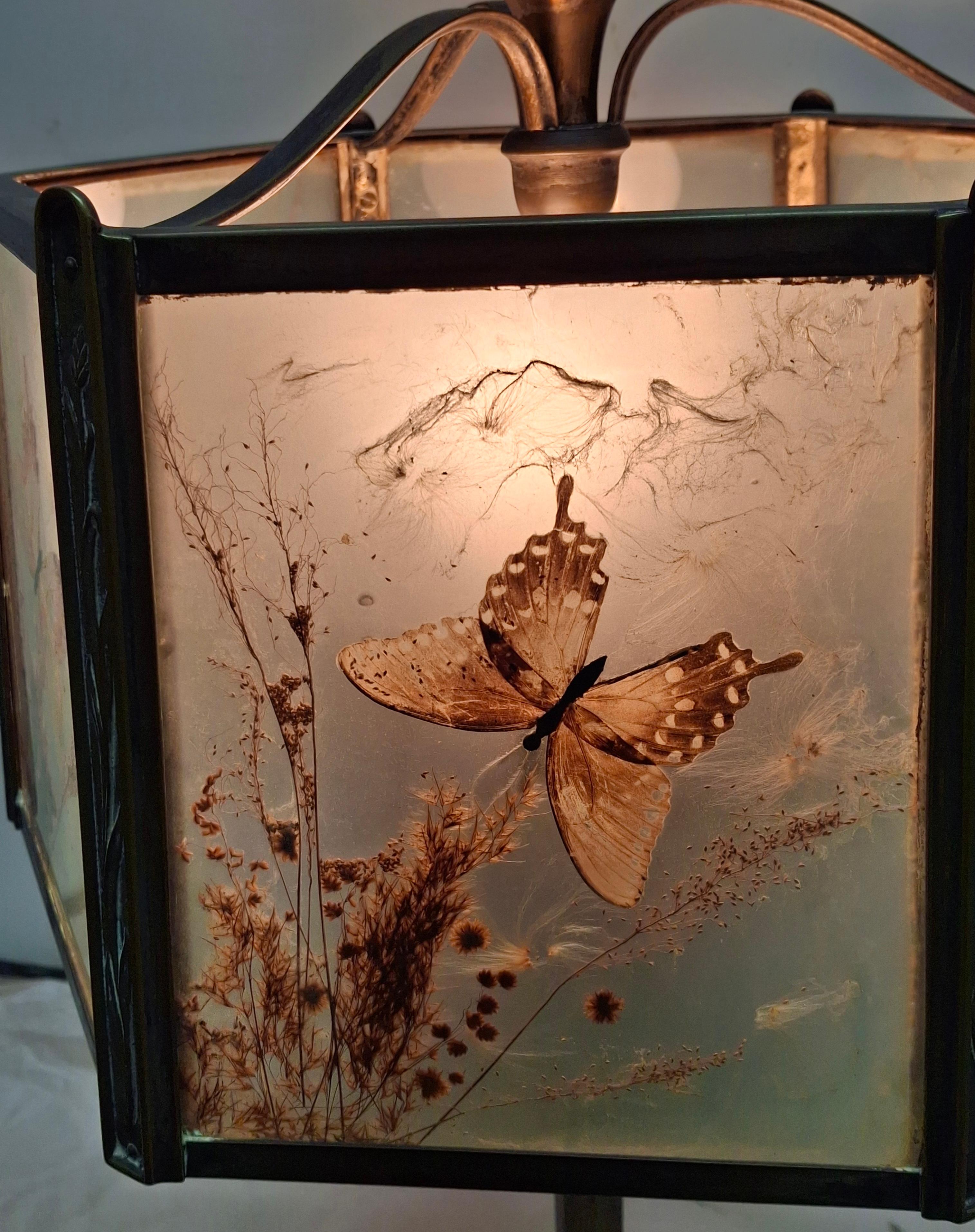 20th Century Art Deco Cast Bronze 4-Socket Table Lamp w/ Glass Taxidermy Butterfly Lamp Shade For Sale