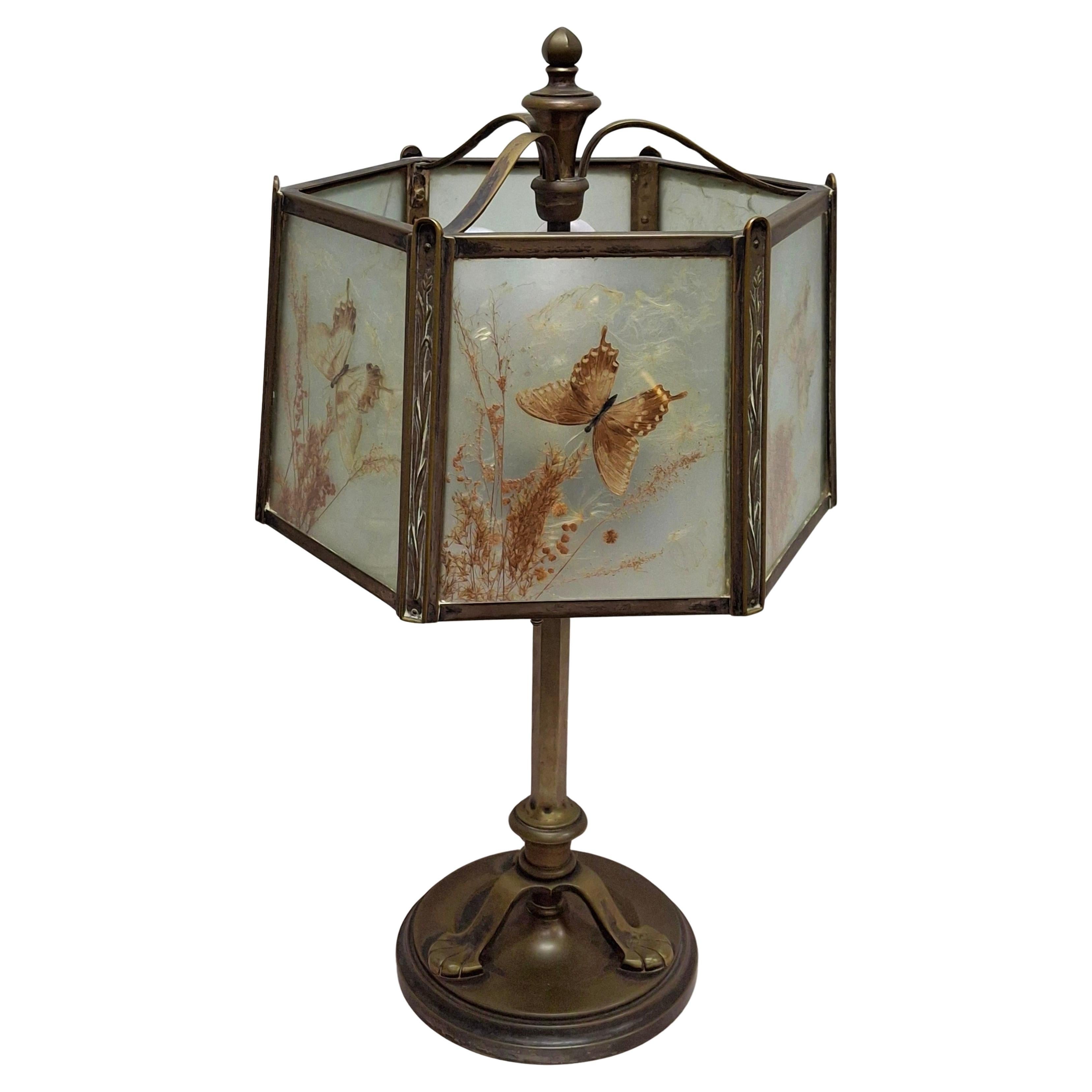Art Deco Cast Bronze 4-Socket Table Lamp w/ Glass Taxidermy Butterfly Lamp Shade For Sale