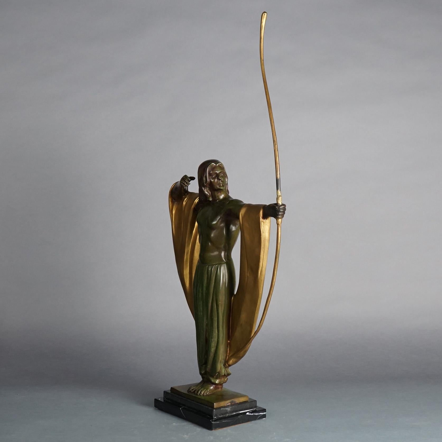Art Deco Cast Bronze Archer Figure on Marble Base C1930 In Good Condition In Big Flats, NY