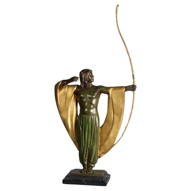 Deco Archer Bronze Female Archer on Marble Base For Sale at 1stDibs