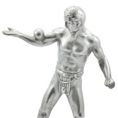 Art Deco Cast Chrome Metal Athletic Man with Ball Ashtray