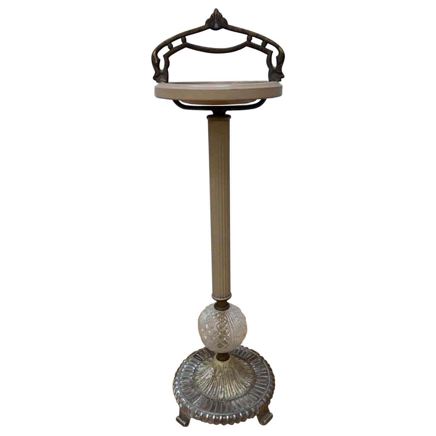 Art Deco Cast Iron and Crystal Cigar Ashtray Floor Stand with Forged Iron Handle