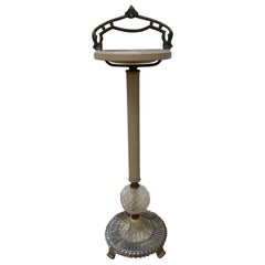 Art Deco Cast Iron and Crystal Cigar Ashtray Floor Stand with Forged Iron Handle