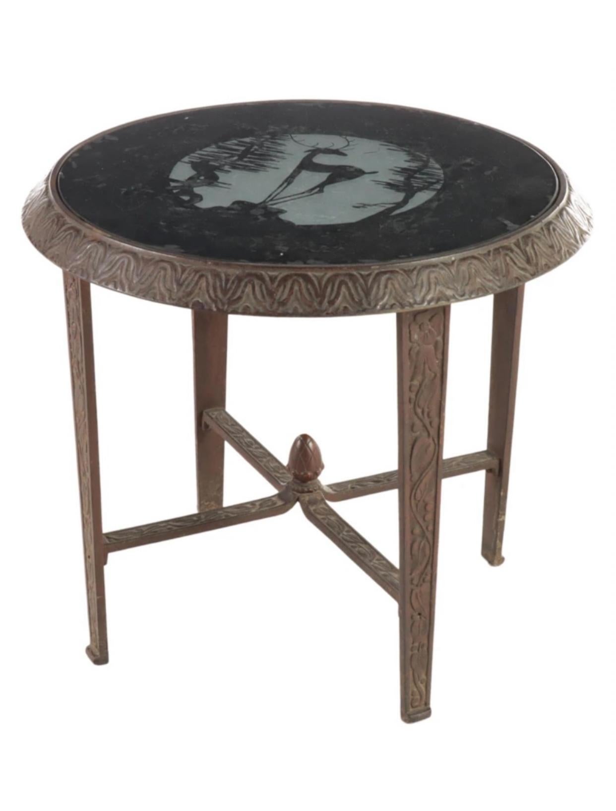 American Art Deco Cast Iron and Vitrolite Black Cut To Clear Glass Top Table For Sale