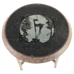 Table Art déco en fonte et Vitrolite noire taillée en verre transparent