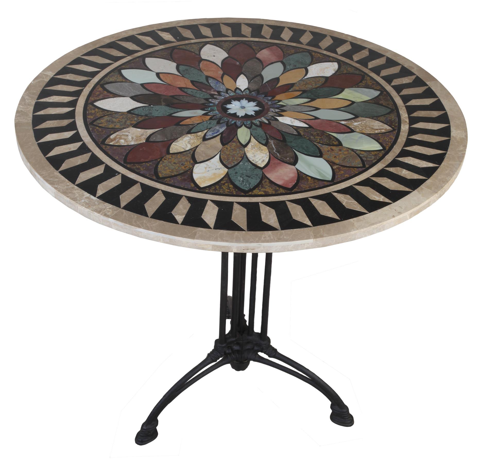 A black cast iron, Art Deco table (dining, breakfast, cafe, side table) base with a newer pietra dura specimen tabletop. Stones include varieties of marble, jasper, mother-of-pearl, abalone, among others. Intricate pattern and design. 1930s and