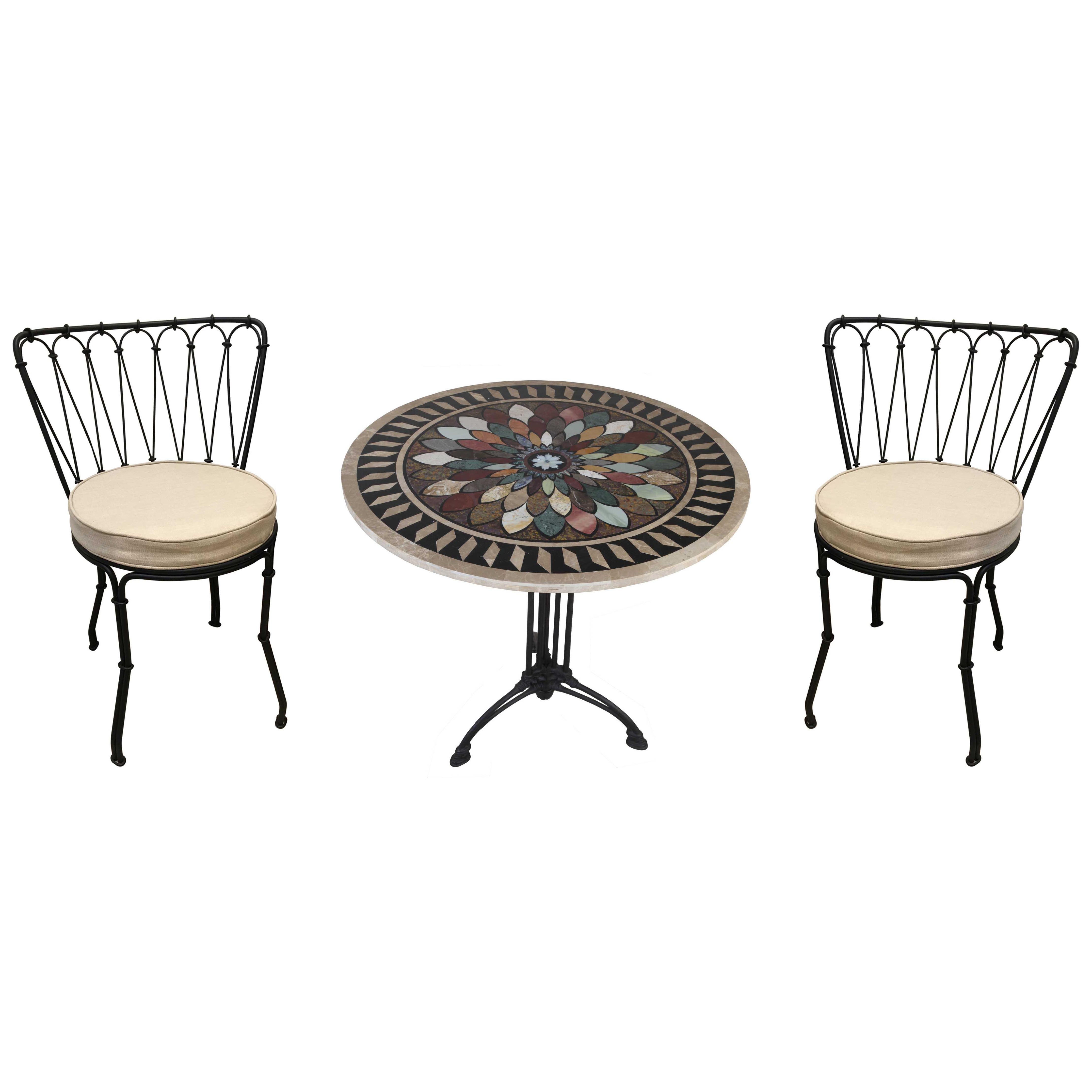 Art Deco Cast Iron Base Table with Pietra Dura Specimen Top with 4 Iron Chairs