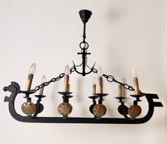Art Deco Cast Iron Chandelier, Viking Longboat Design, 1940s, 113cm