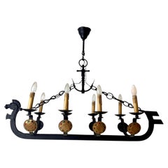 Art Deco Cast Iron Chandelier, Viking Longboat Design, 1940s, 113cm