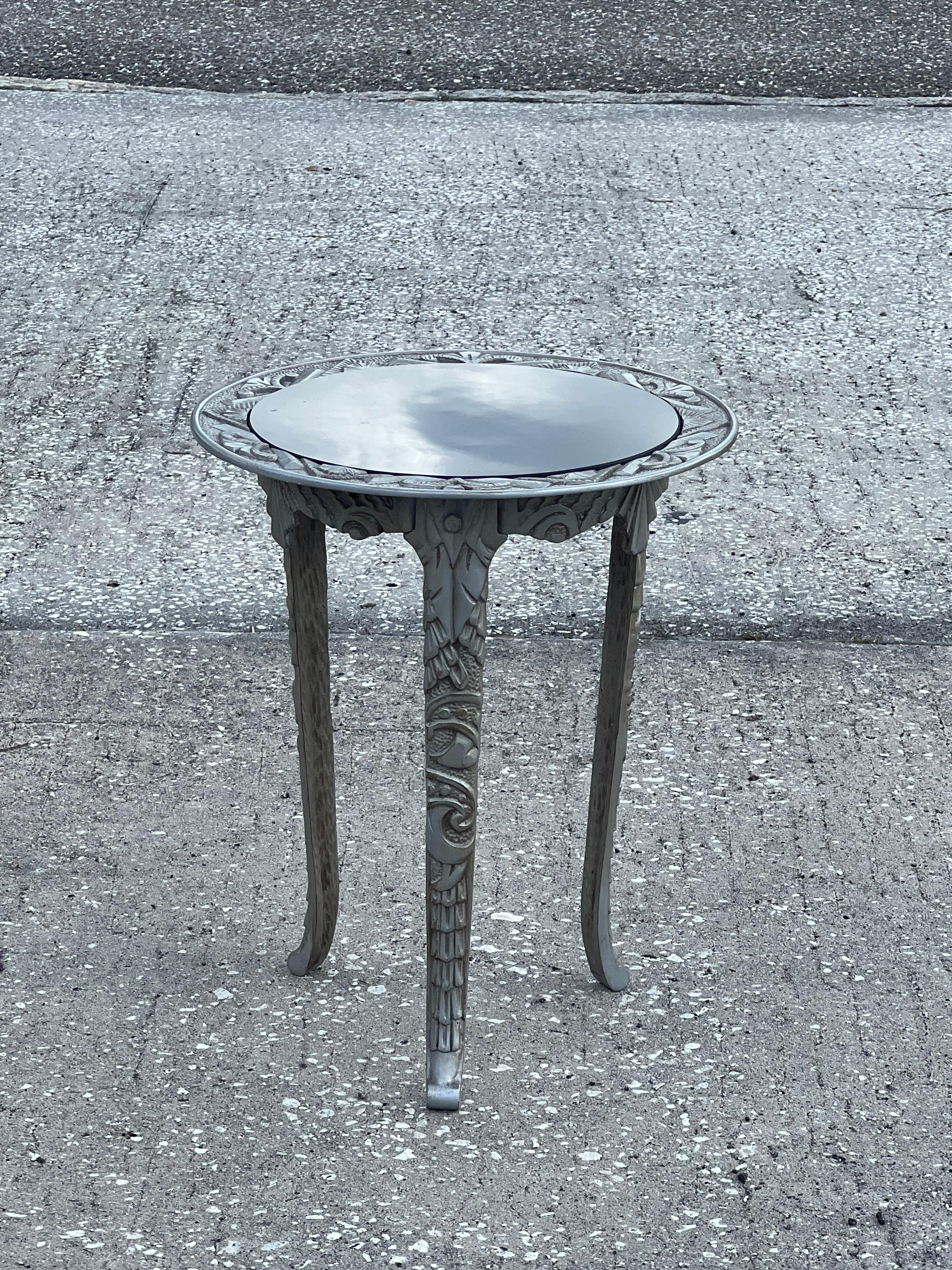 American Art Deco Cast Iron Occasional Table With Black Glass Top ca' 1930's For Sale