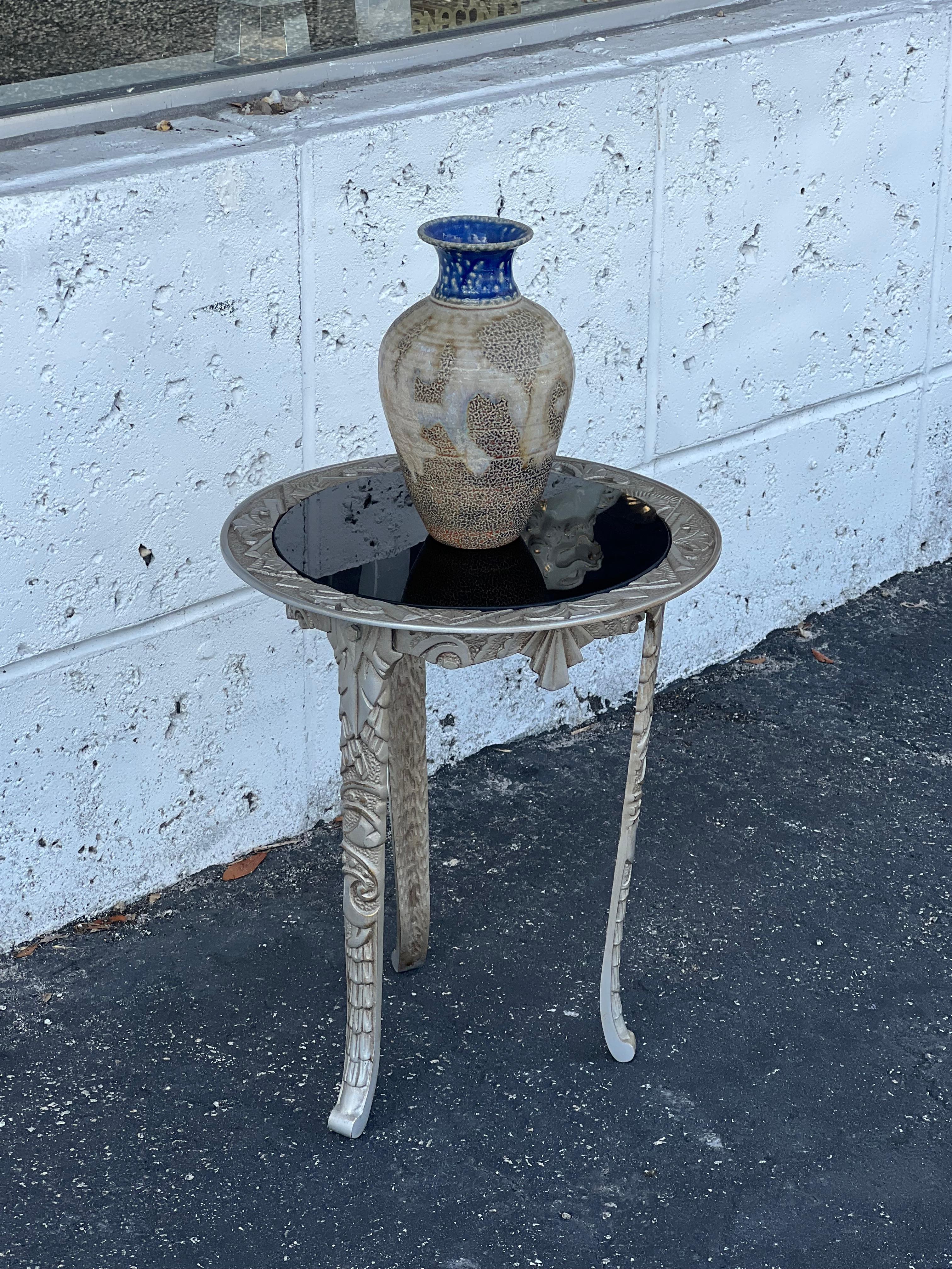 Art Deco Cast Iron Occasional Table With Black Glass Top ca' 1930's In Good Condition For Sale In St.Petersburg, FL