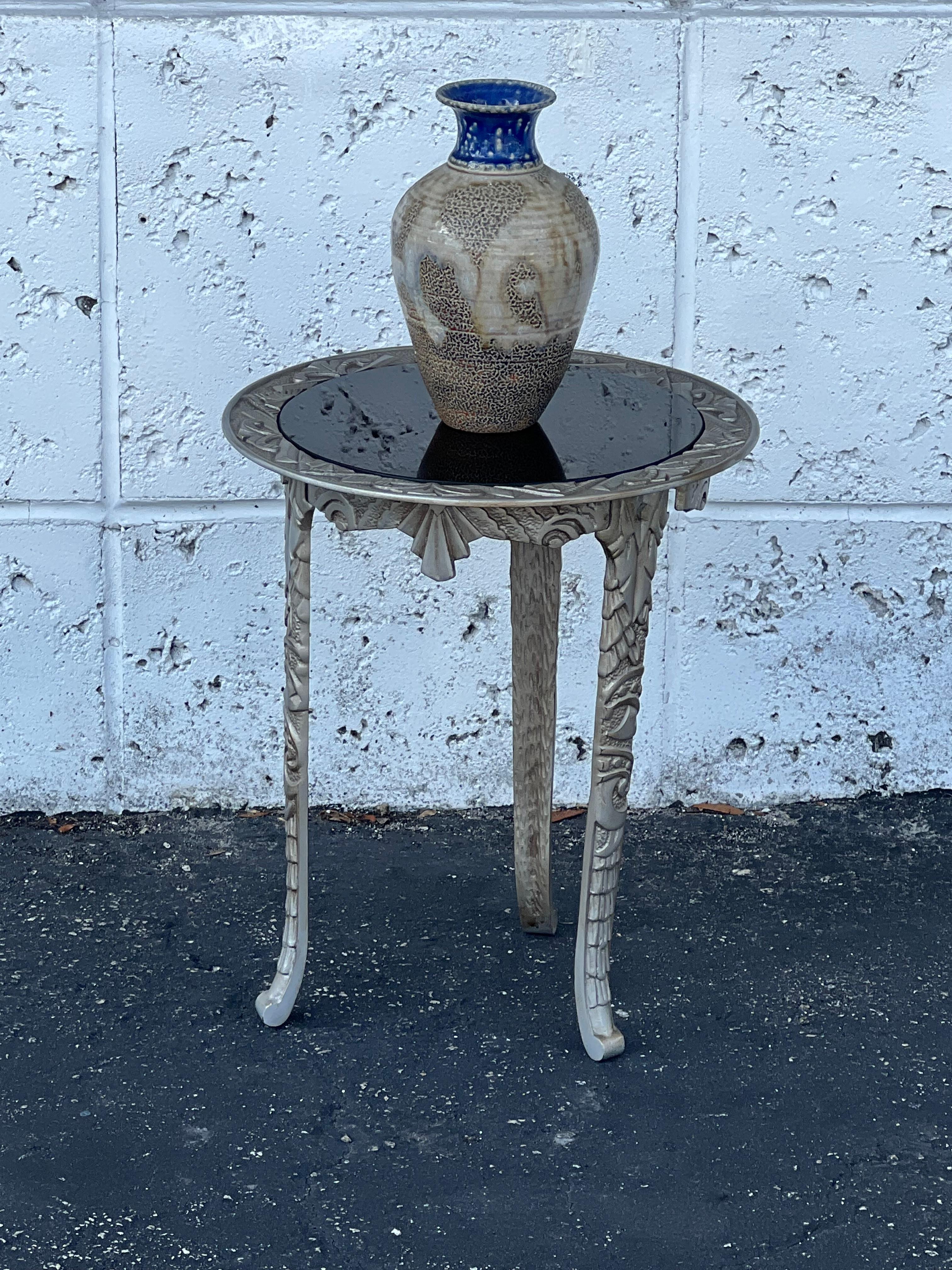 Mid-20th Century Art Deco Cast Iron Occasional Table With Black Glass Top ca' 1930's For Sale