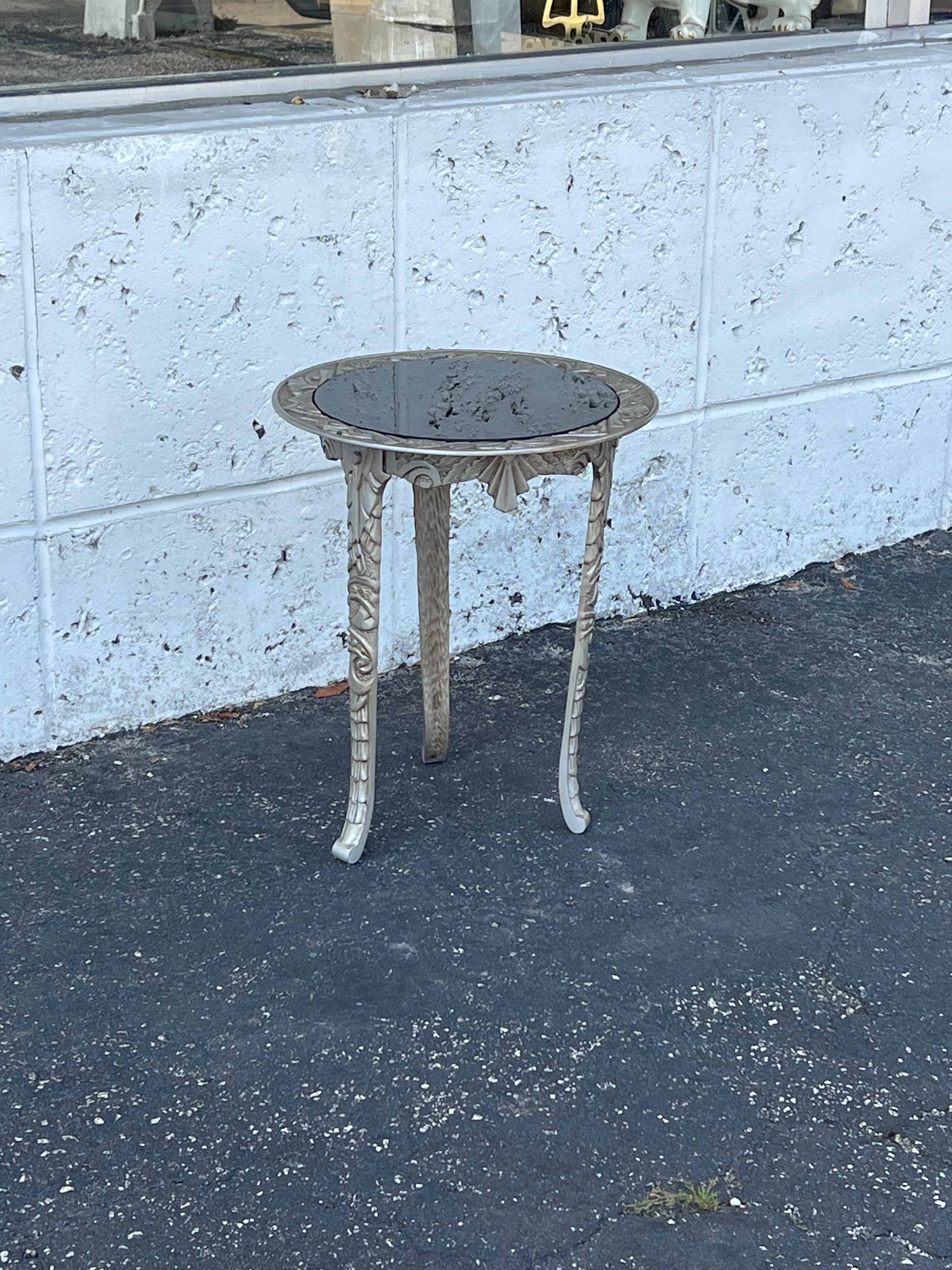 Wrought Iron Art Deco Cast Iron Occasional Table With Black Glass Top ca' 1930's For Sale