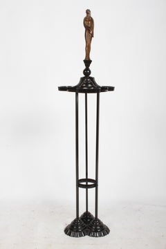 Art Deco Cast Iron Plant Stand with Nude Faux Bronze Female Statue
